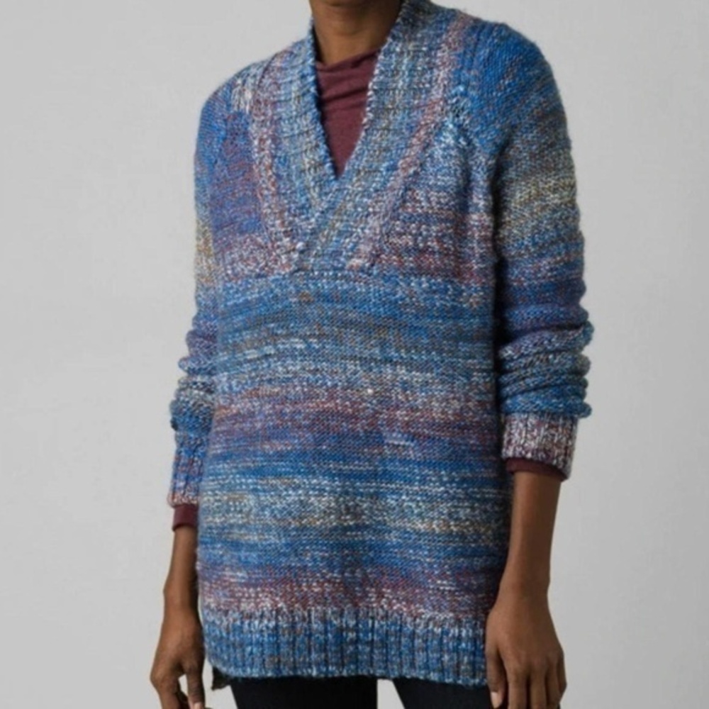 Prana Claus Sweater Enamel Blue Marled Wool Blend Size Small
